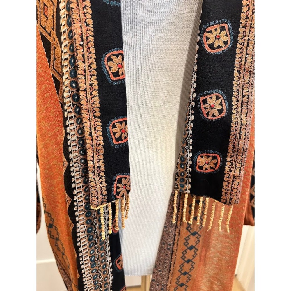 Vintage Earthy Geometric Pattern‎ Beaded Fringe Open Front Top M Boho Earthy - Picture 5 of 9